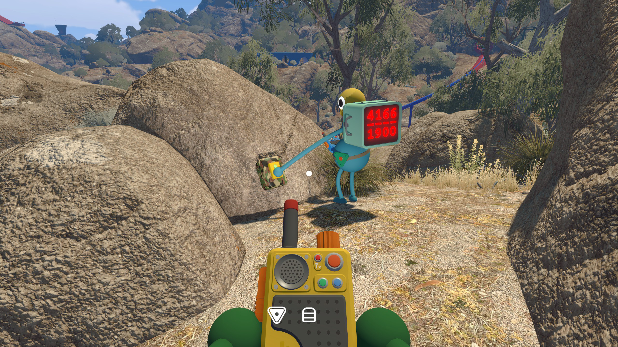 The GPS in action: a character wearing the device displays their live coordinates (4166 / 1900) on their head while another player watches and directs them