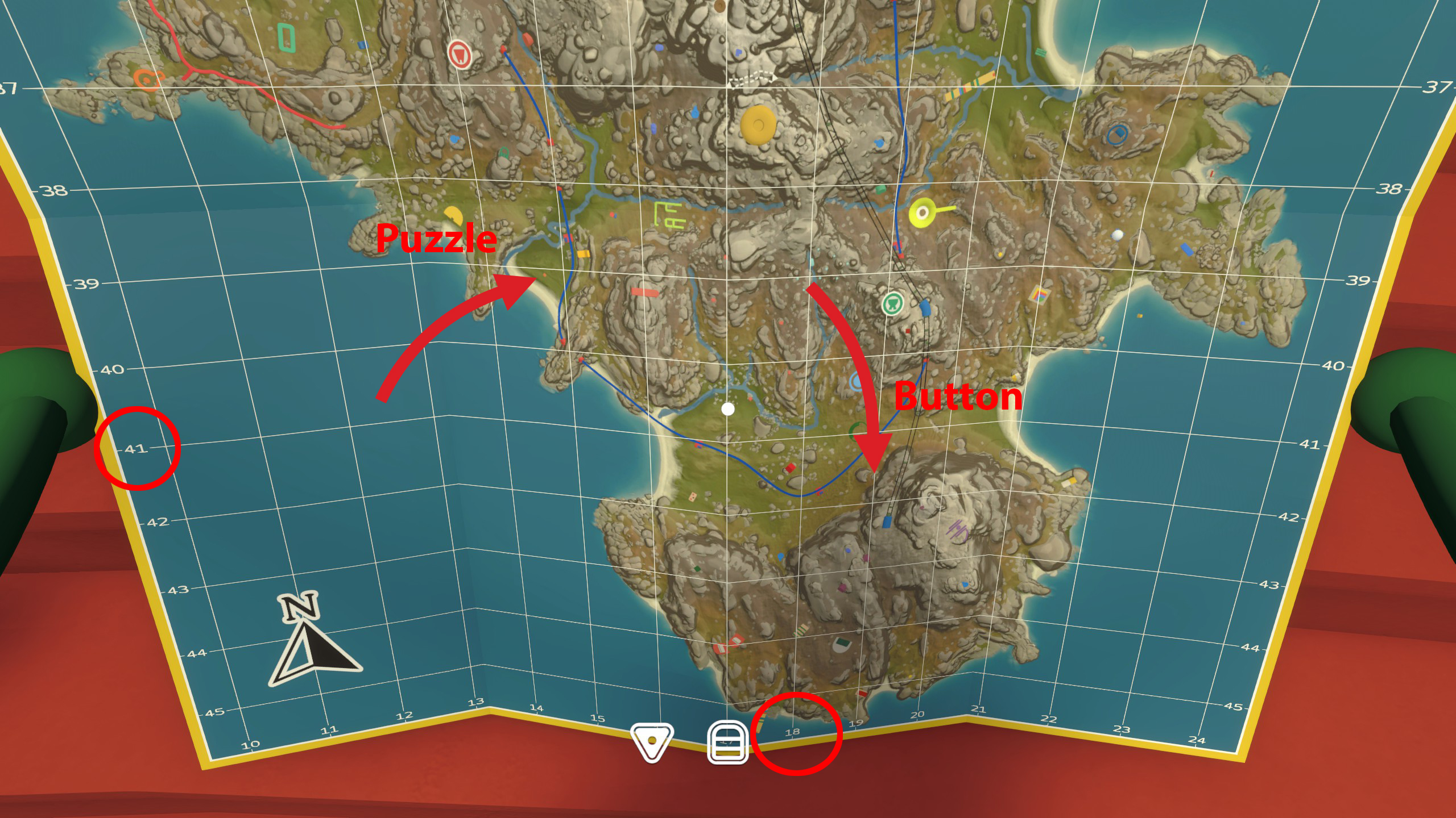 The foldable map held open, showing the island's coordinate grid with longitude 41 and latitude 18 circled in red, arrows marking the Puzzle and Button locations