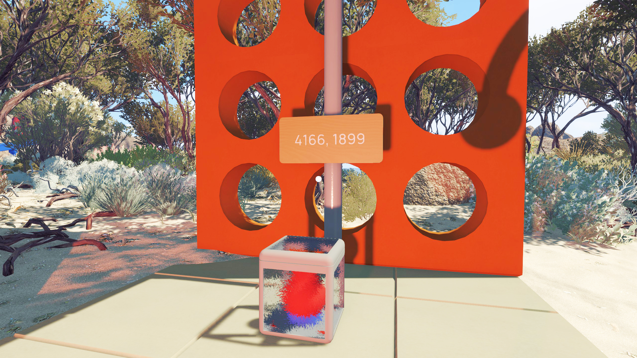 The 4166 1899 number puzzle structure near the beach: a wooden sign reading "4166, 1899" hanging on a post above a frosted glass container holding the prize