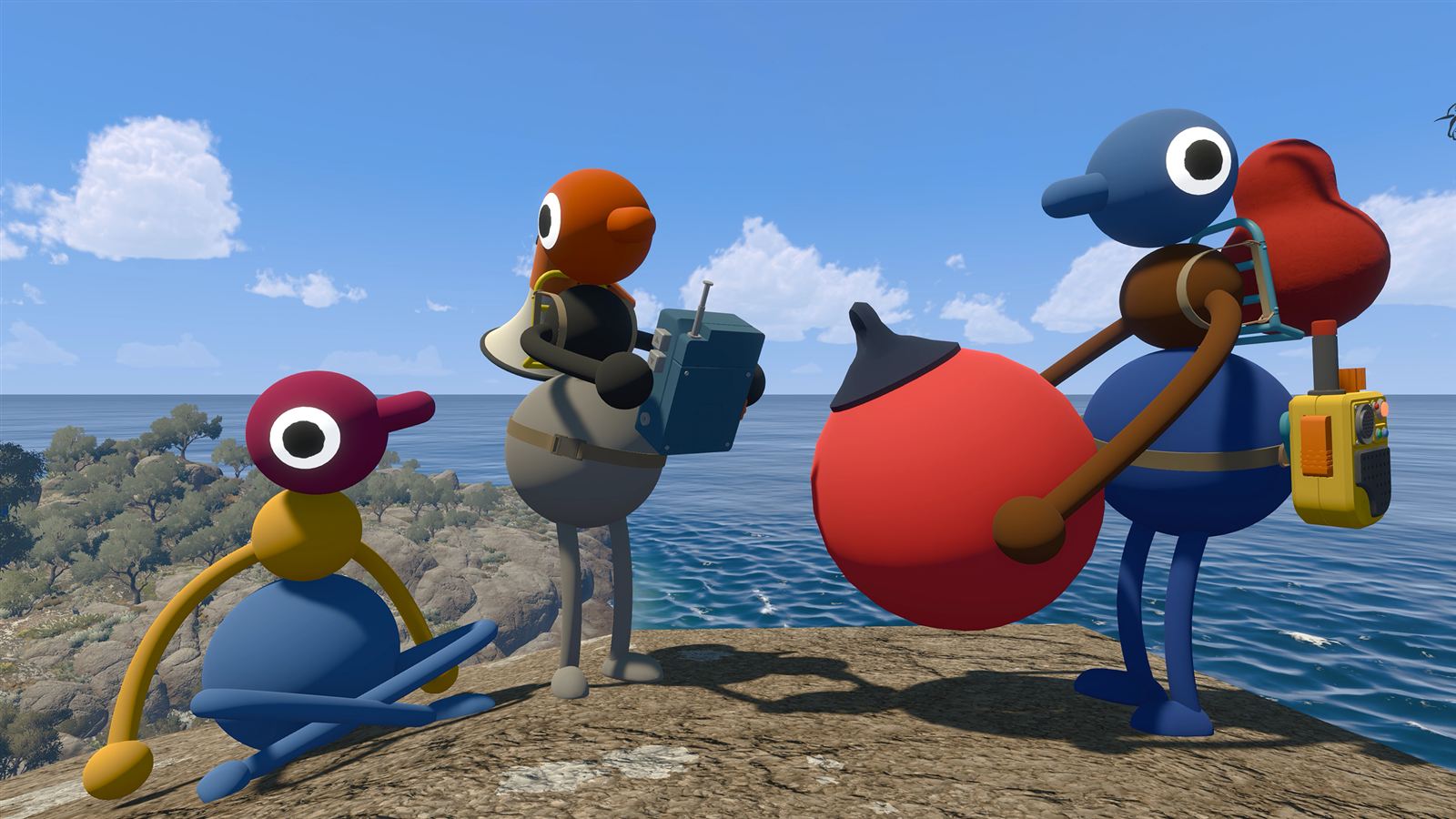 Four characters carrying binoculars and a walkie-talkie on a coastal cliff overlooking the ocean