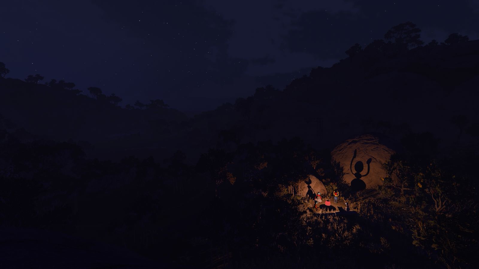 Characters gathered around a glowing campsite on a dark hillside at night