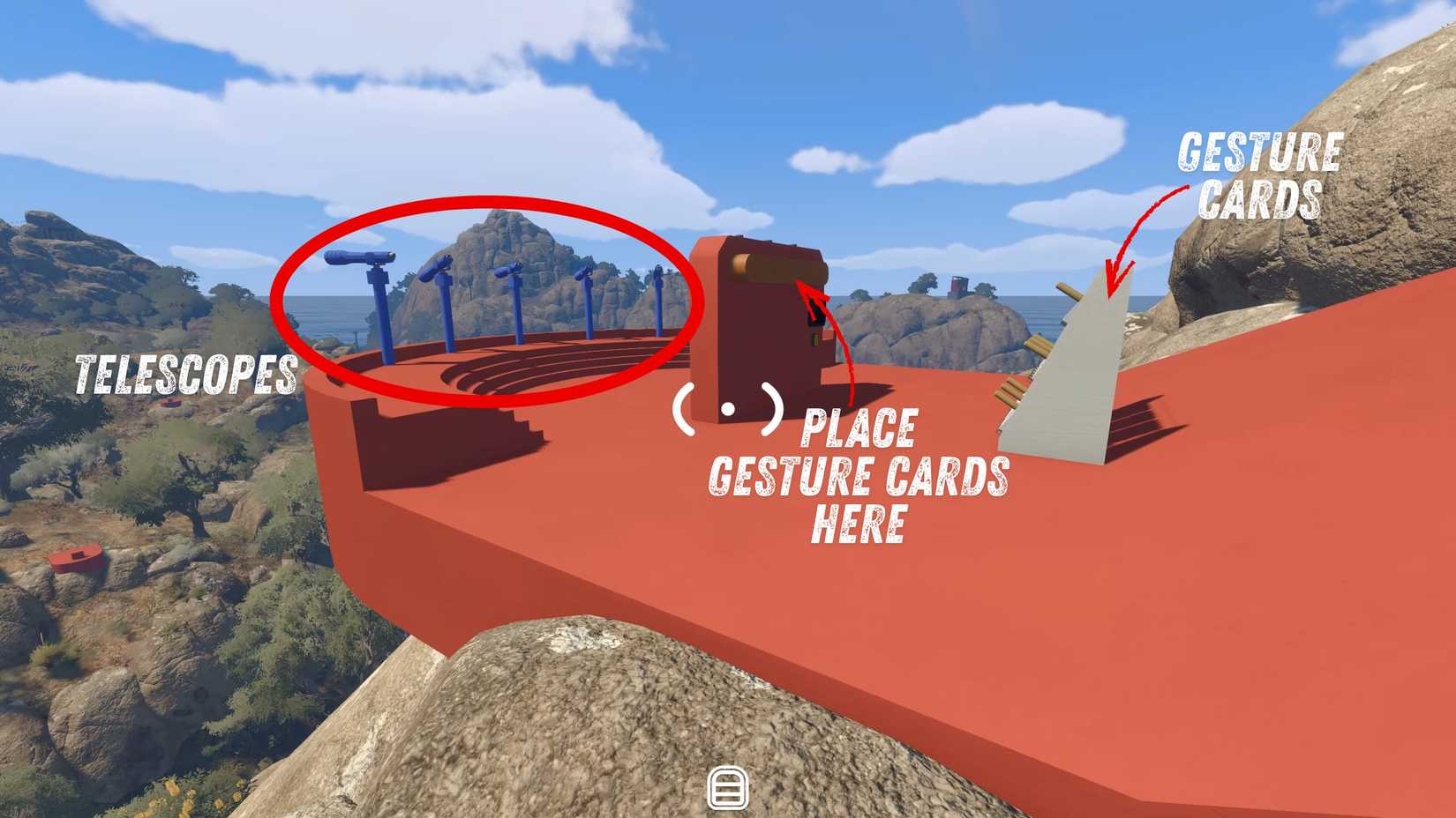 The Mountain Overlook gesture puzzle: the row of telescopes on the red overlook platform, with gesture cards marked