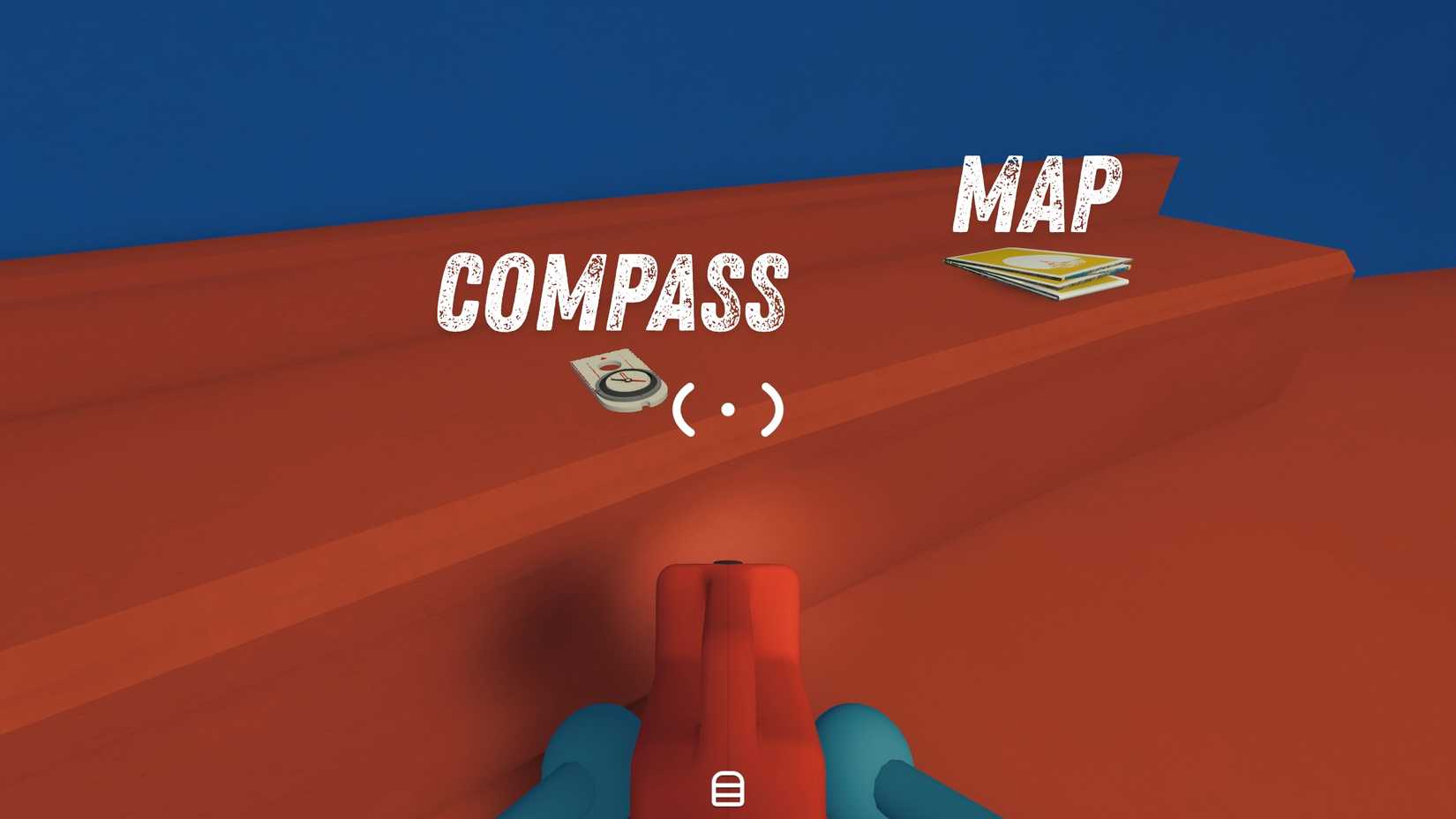 The foldable map and the compass on the Map Room bench, labeled MAP and COMPASS
