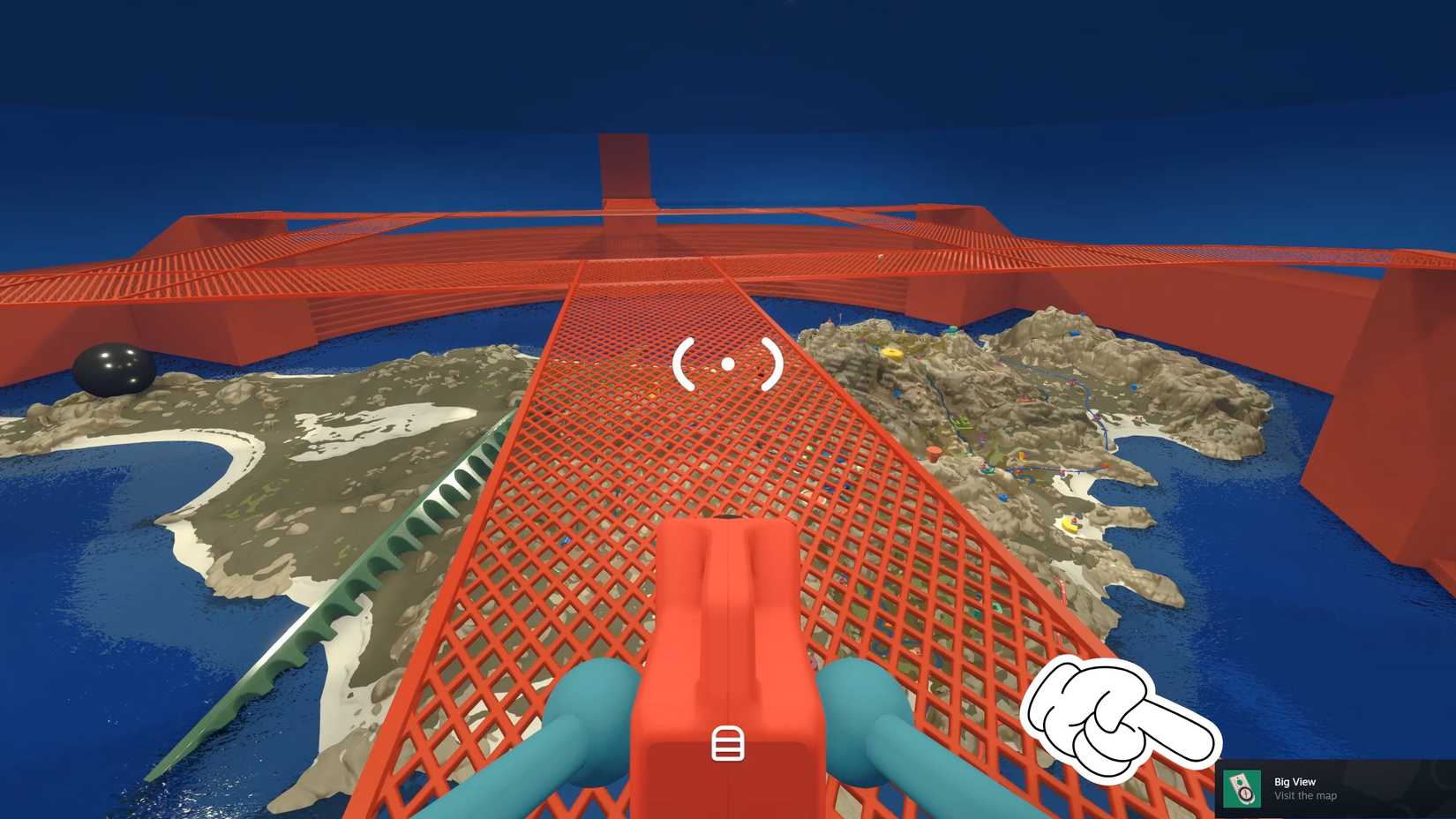 The Map Room interior: the full-island floor diorama seen from above, with the in-game Big View message