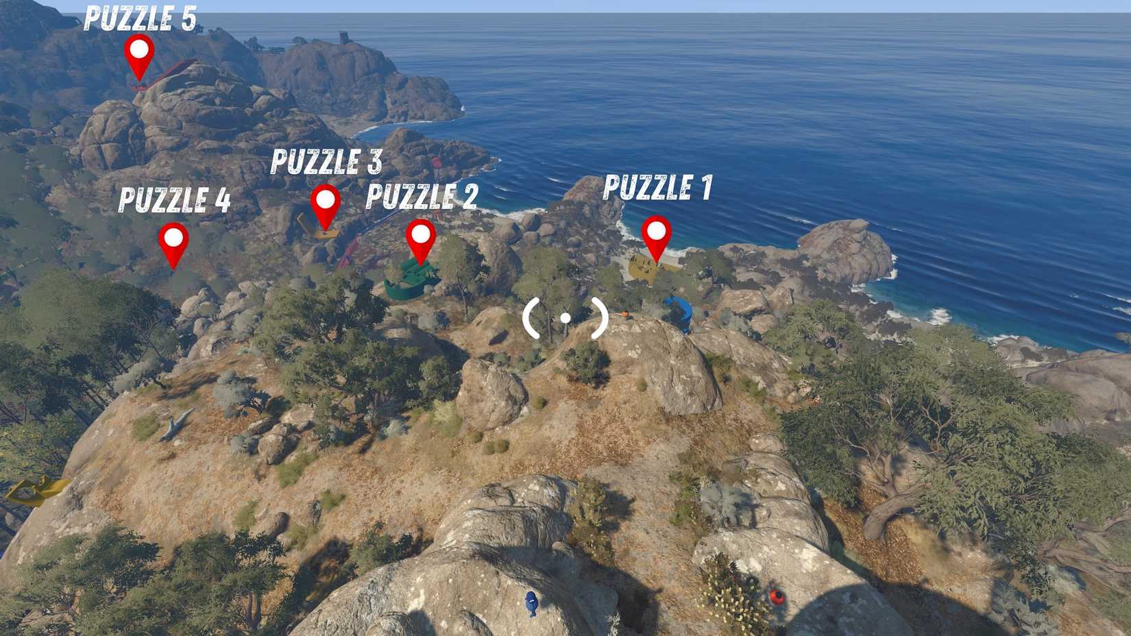 Annotated overview map of the five Red Tower puzzle locations on the Big Walk island coastline, marked Puzzle 1 through 5