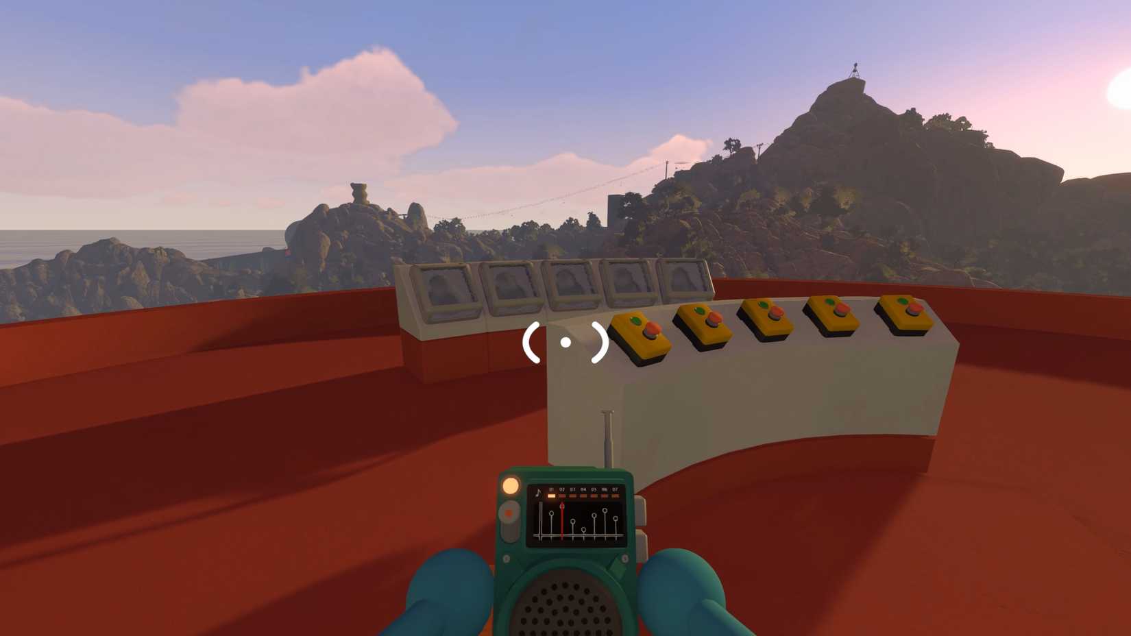 The terminal at the top of the Red Tower: a console with five yellow buttons and screens, first-person view holding a puzzle reward