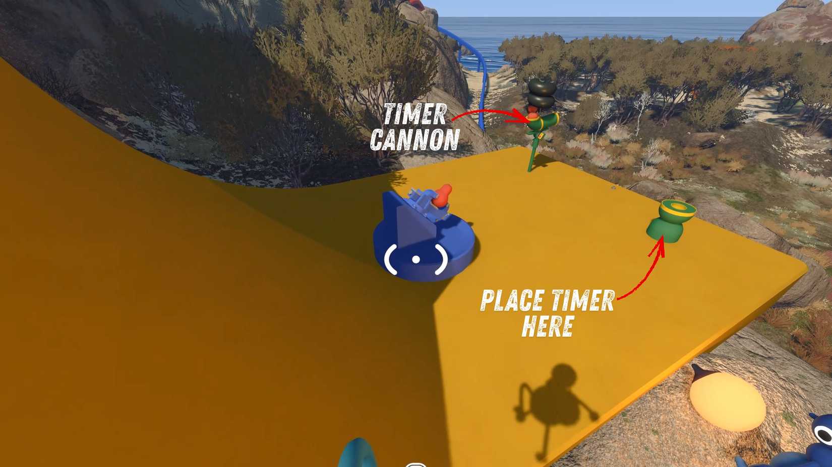 The Timer Cannon puzzle: a blue cannon on the yellow platform with a green wind-up timer, marked "Place Timer Here"
