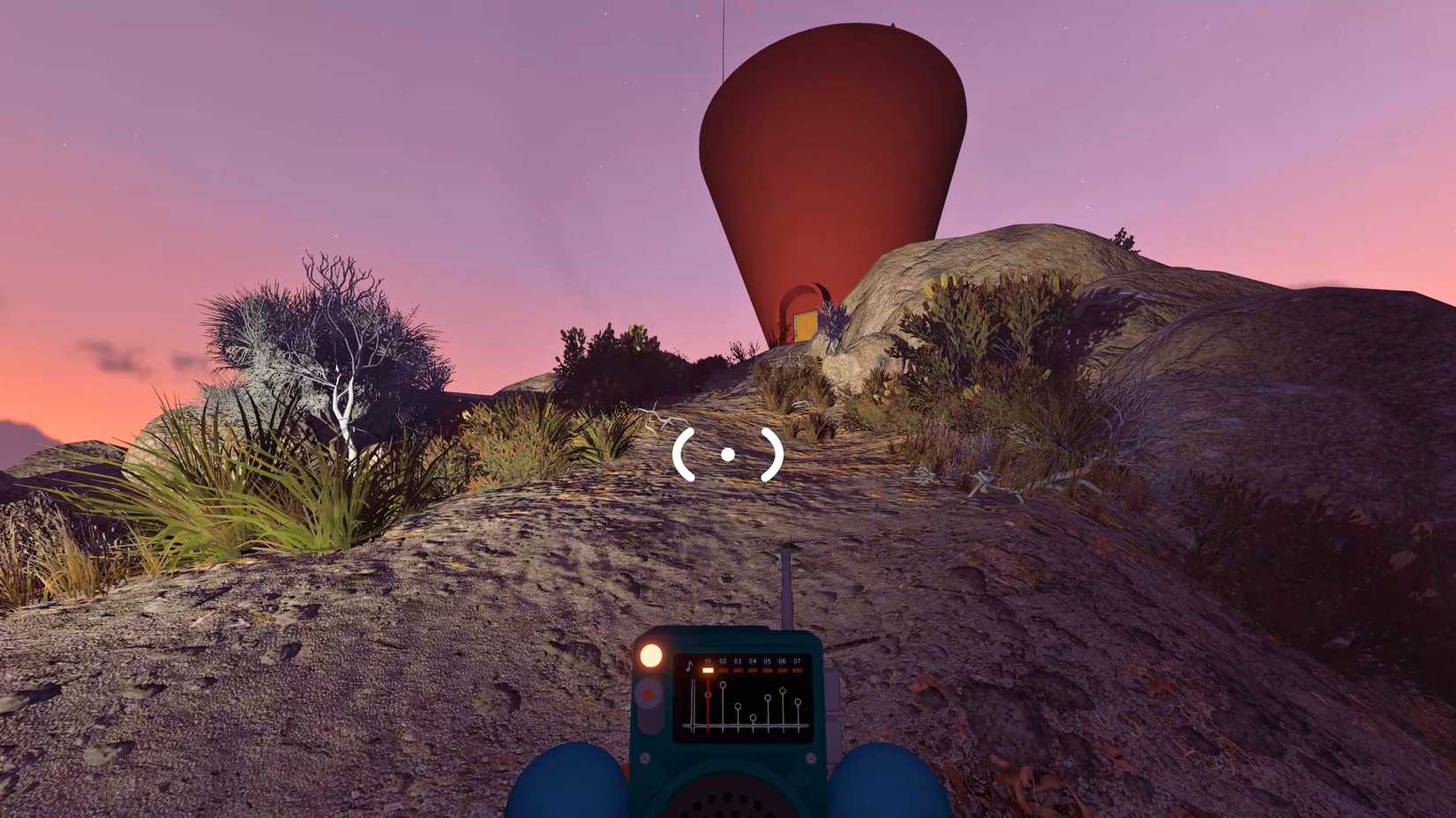 The Red Tower in Big Walk at dusk — a red upside-down cone-shaped tower on a rocky hill