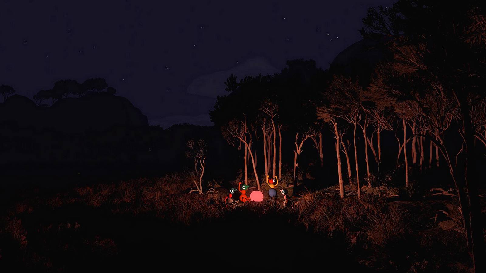 The Ball Lamp in action at night: a group of characters gathered around a glowing pink orb of light in a dark field under the stars