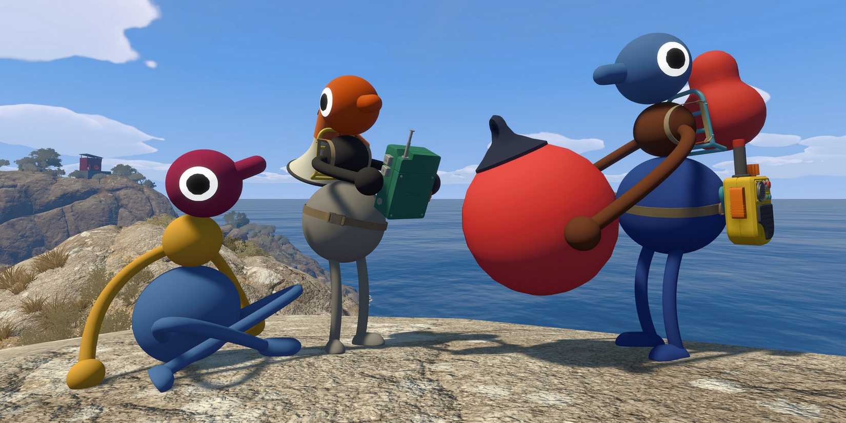 Three characters on a coastal cliff holding communication items: a radio receiver with antenna in one hand and a megaphone in the other