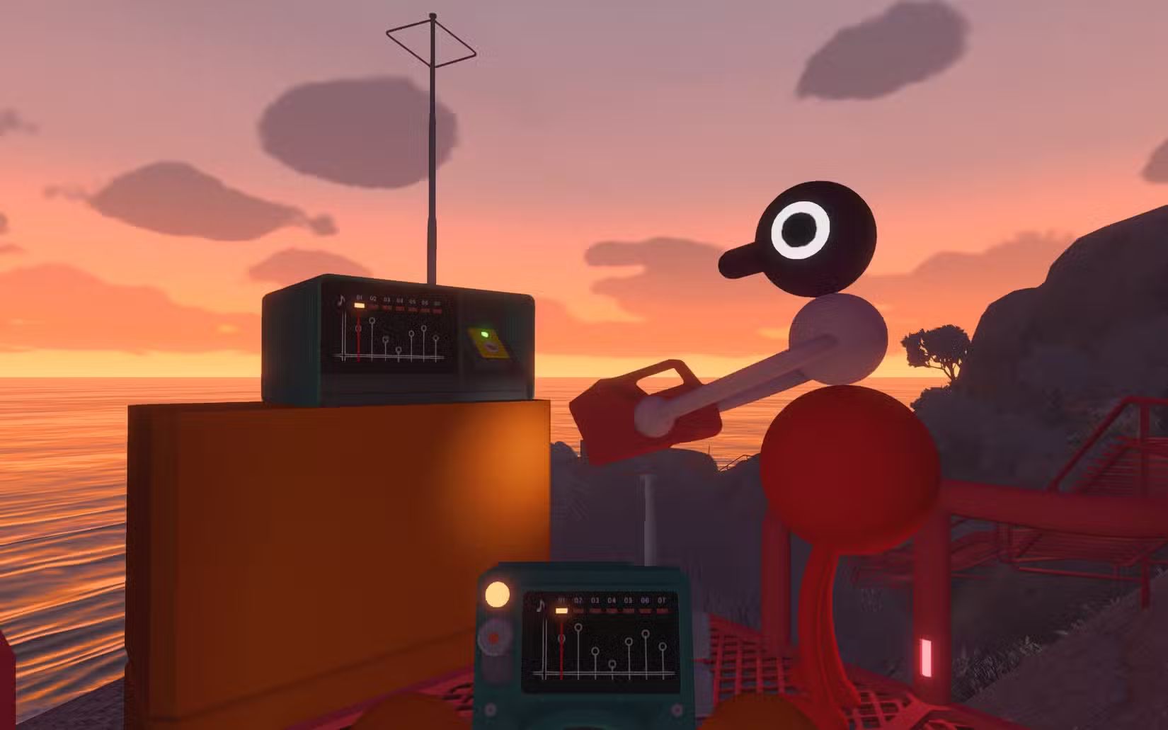 A player tuning a green radio on the red bridge walkway at sunset, its frequency dial (01–07) and indicator lights visible